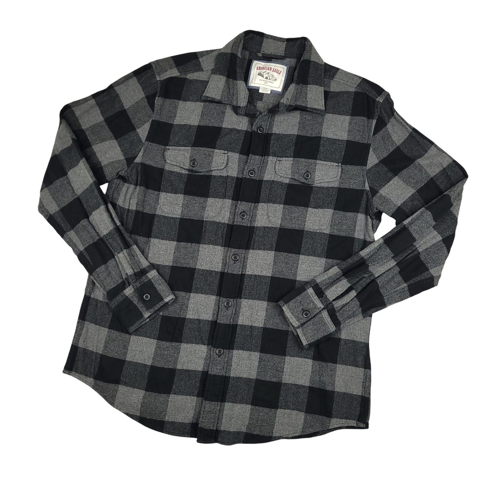 American Eagle Flannel Shirt Mens M Gray Black Buffalo Plaid 100% Cotton Grunge